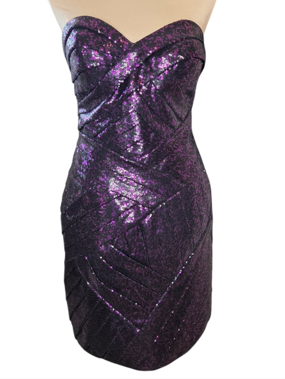 Night Moves Purple Sequin Bombshell Strapless Dress Size 12 Boning Well Made